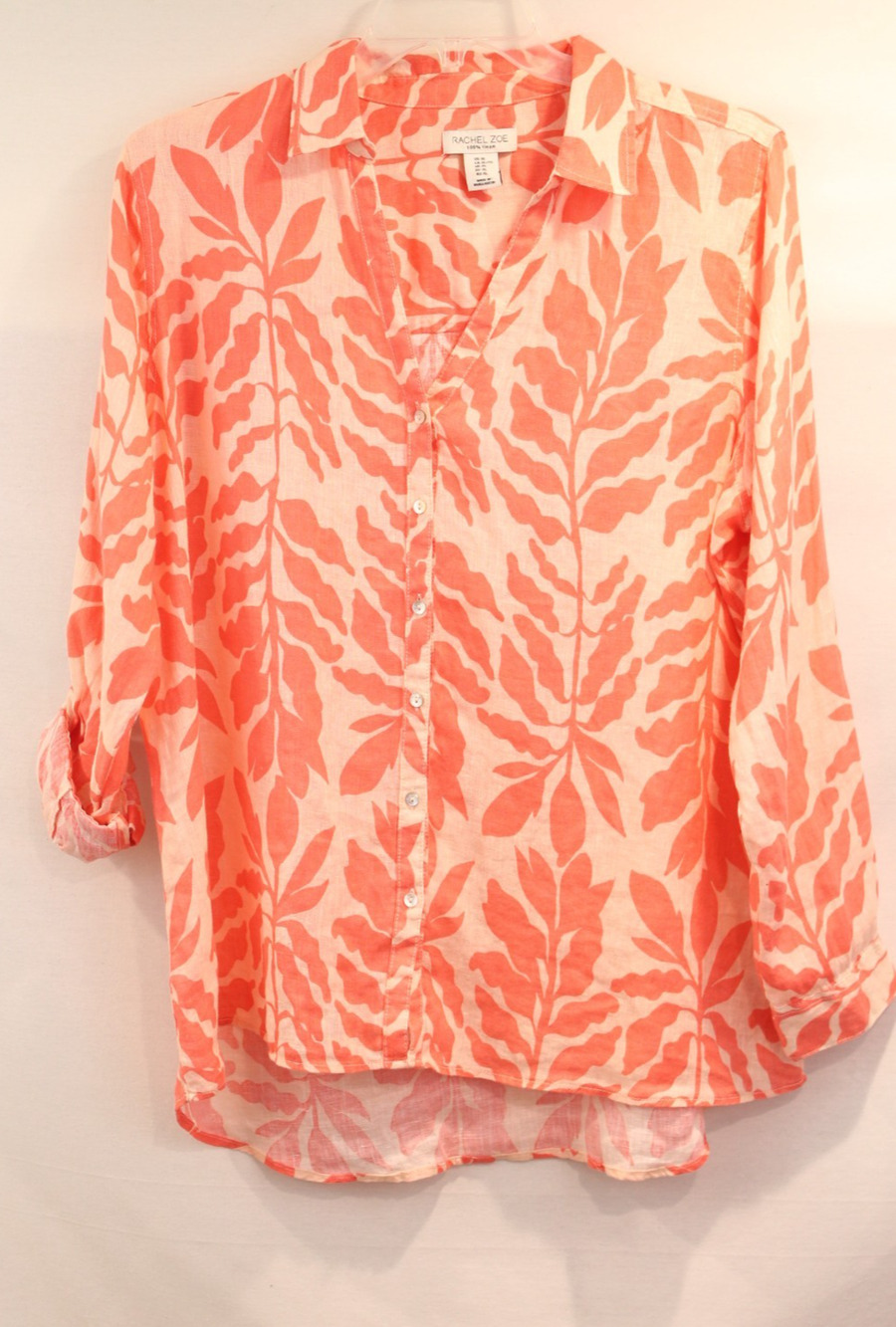 Rachel Zoe Linen Floral Tunic Top Women size XL Orange Button Up Roll Tab Sleeve